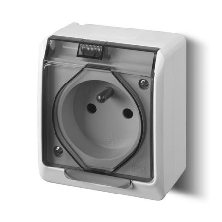 Gniazdo pojedyncze z uziemieniem natynkowe IP44 białe dymne 0321-01 Hermes Elektro-Plast