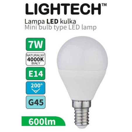 Żarówka LED E14 kulka 7W 600lm 4000K plastik mat 111003 Lightech