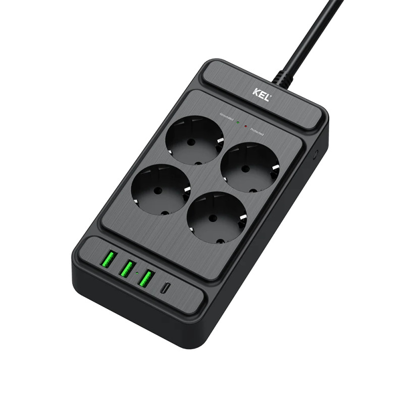 Przedłużacz 4x gniazdo z/u Schuko, 3xUSB-A 1xUSB-C PS-470S 2m czarny W-00355 KEL Plastrol