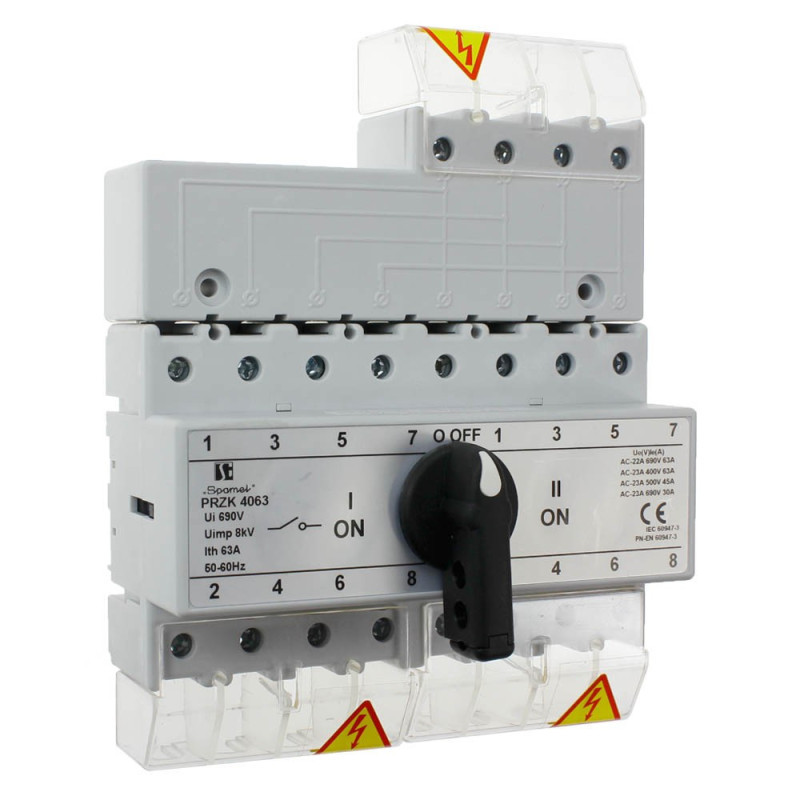 Przełącznik zasilania sieć-agregat 63A 4P PRZK 4063-W02 1-0-2 z pokrętłem Spamel Przełącznik zasilania sieć-agregat 63A 4P PRZK 4063-W02 1-0-2 z pokrętłem Spamel