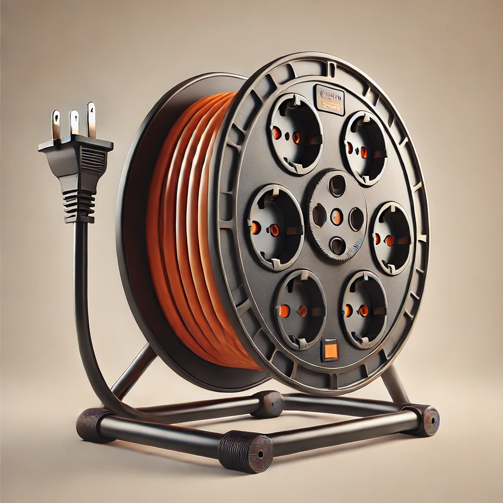 DALL·E 2025-08-01 09.30.49 - A realistic photo of a drum extension cord reel, closely resembling the uploaded image. The reel has four socket covers on the drum itself, which are