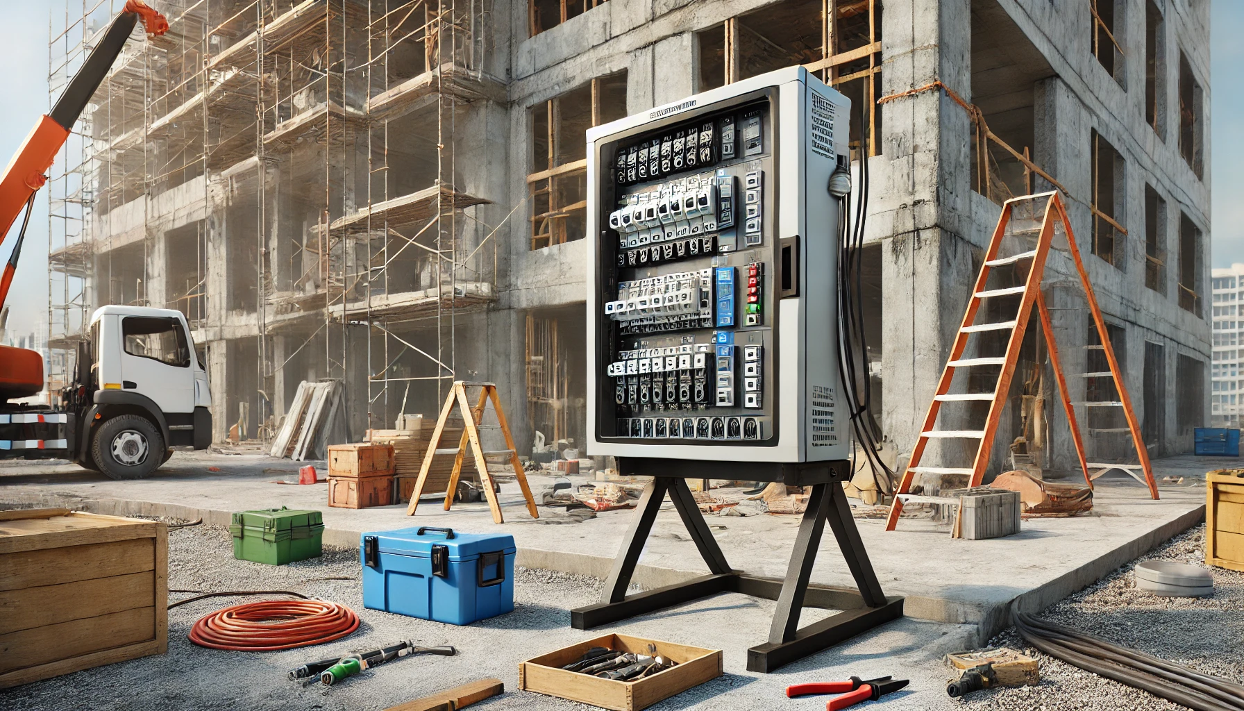 DALL·E 2025-08-01 09.31.49 - A realistic, photo-like image of an outdoor construction site featuring a construction distribution board mounted on a stand, resembling the one in th