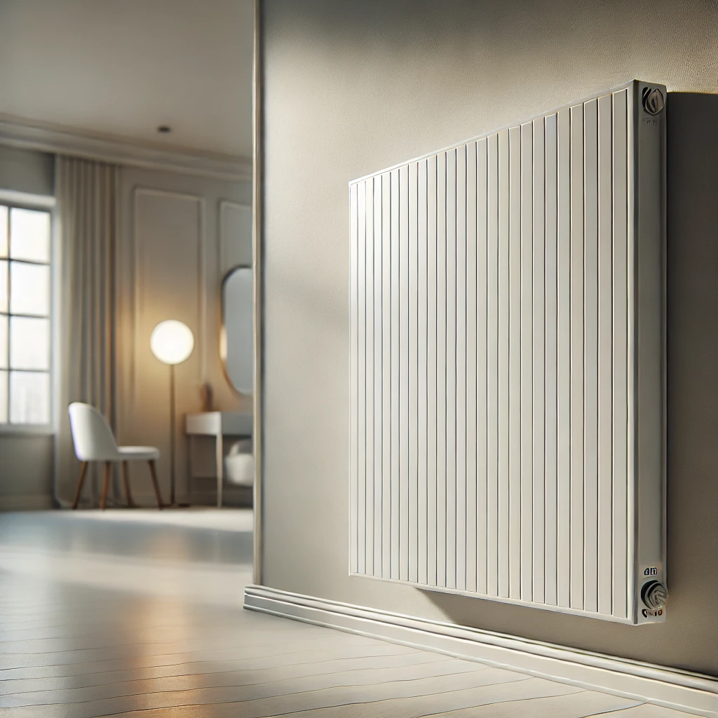 DALL·E 2025-08-01 09.37.09 - A realistic image of an all-white, flat, and smooth infrared heating panel without any vents or openings, designed for a blog post about 'Energy-Effic