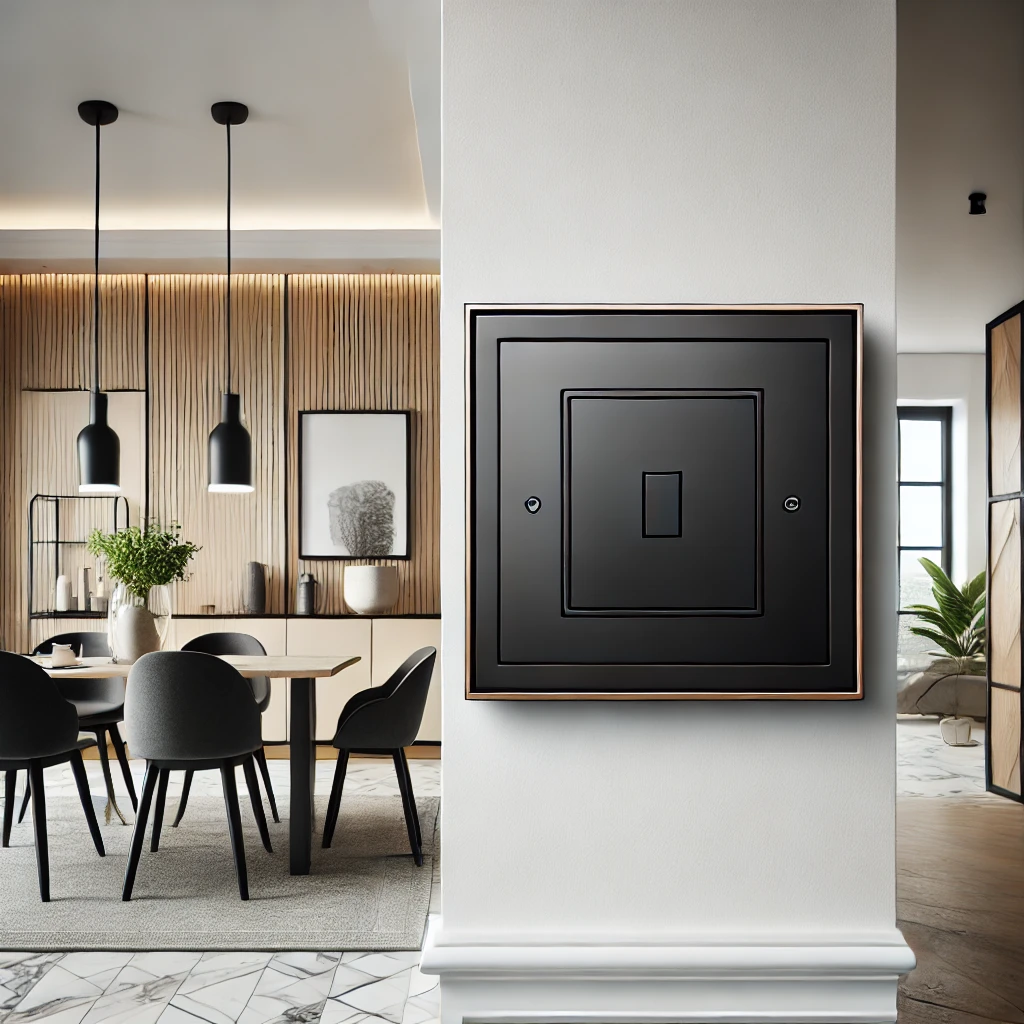 DALL·E 2025-08-01 09.42.41 - A realistic photograph-style graphic featuring a modern black square light switch with a clean and minimalistic frame, mounted on a white wall. The li