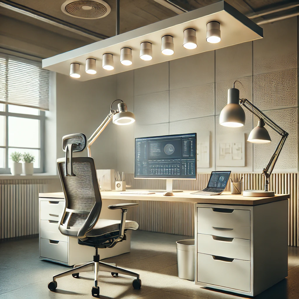 DALL·E 2025-08-01 09.43.00 - A realistic photograph of a well-lit modern workstation in an office or workshop. The scene includes a desk with a computer monitor, ergonomic chair,
